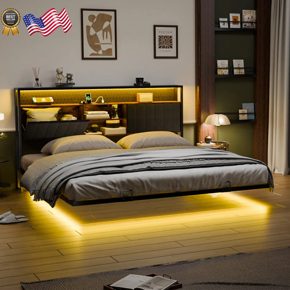 KING SIZE Floating Platform Bed Frame With Charging Station Storage Headboard