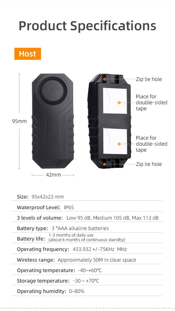 Bike Alarm, Remote Control, 113 dB, Loud, Adjustable Sensitivity, for Rolling