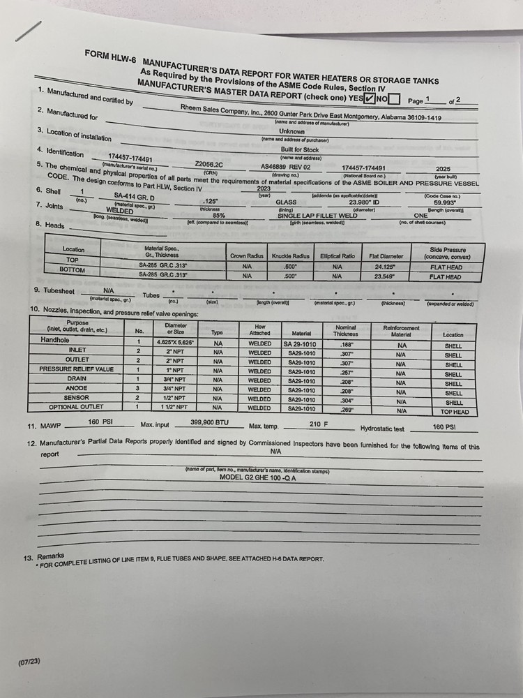 Rheem GHE100SS-250A Commercial Low NOx Gas Water Heater 100-Gal 120V 250,000BtuH