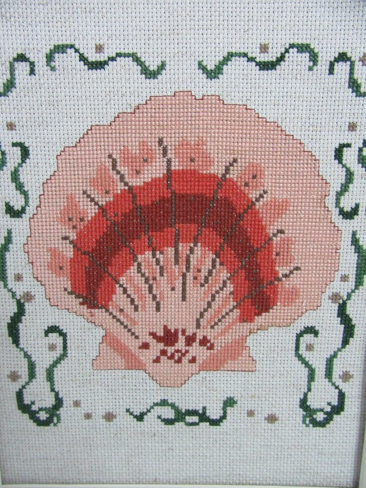 Finished Cross Stitch Seashell Beach Completed 11x14 Shell