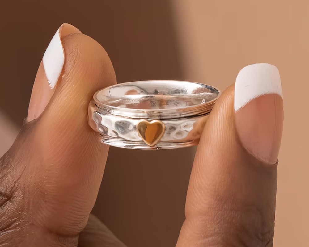 Solid 925 Sterling Silver with Gold Heart Spinner Meditation Hammered Band Ring
