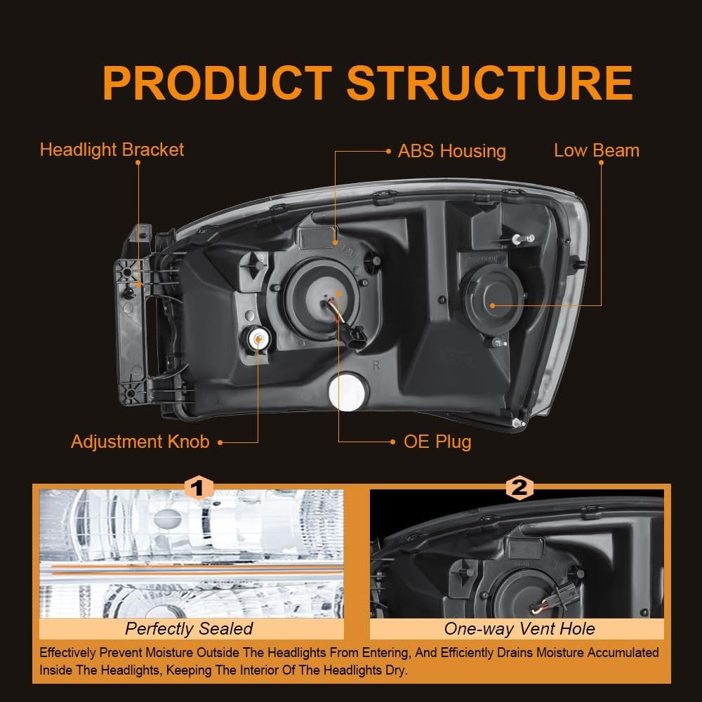 LED DRL Headlight, Headlights Assembly Kit Compatible with 2006-2008 Dodge Ram 1