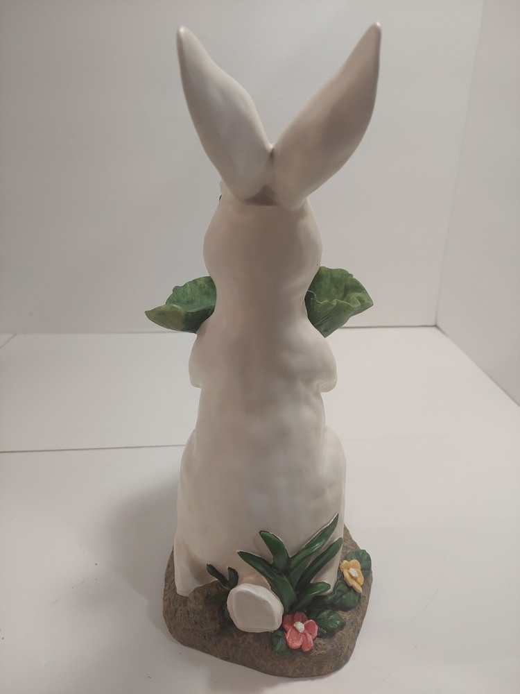 Bunny Rabbit Statue Candy Bowl Server Figure 12" White Resin White Cabbage Leaf
