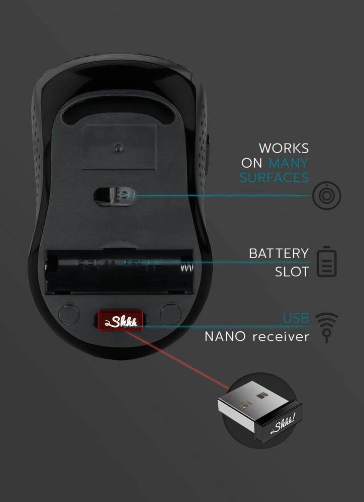 Shhhmouse i440 - Silent Portable Wireless Mouse with USB Receiver