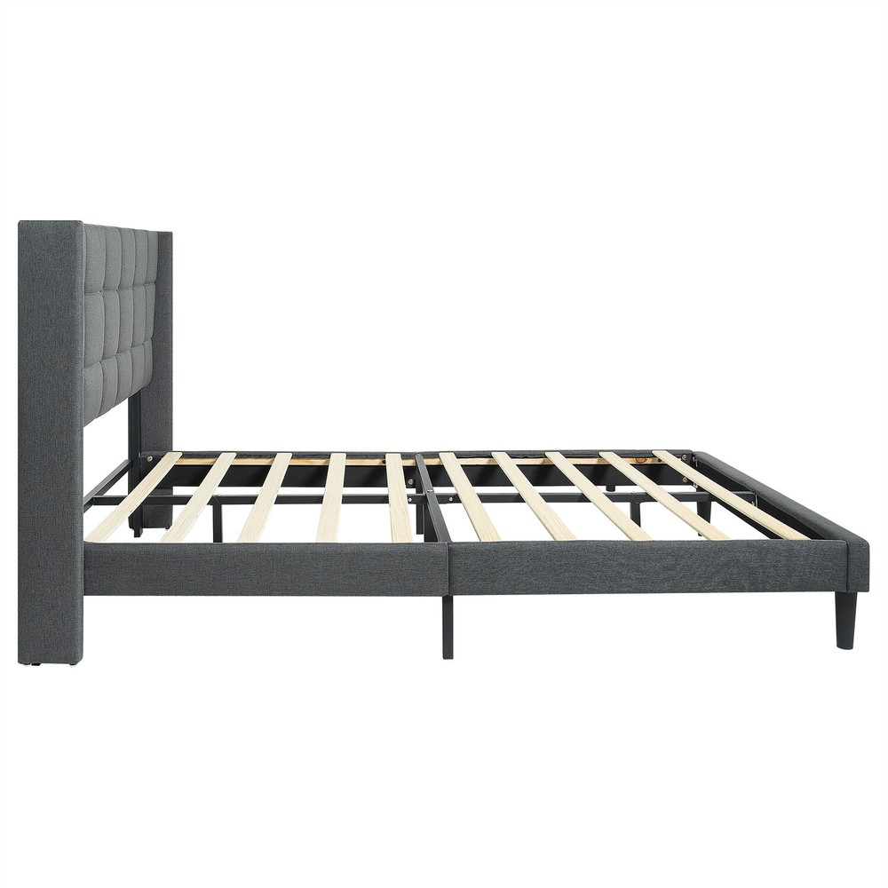 Queen Size Bed Frame Upholstered Platform Bed Frame w/ Headboard Drak Grey New