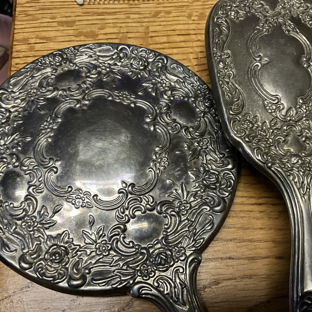 4 Piece Heavy Silver Color, Brush & Comb And 2 Handheld Mirrors
