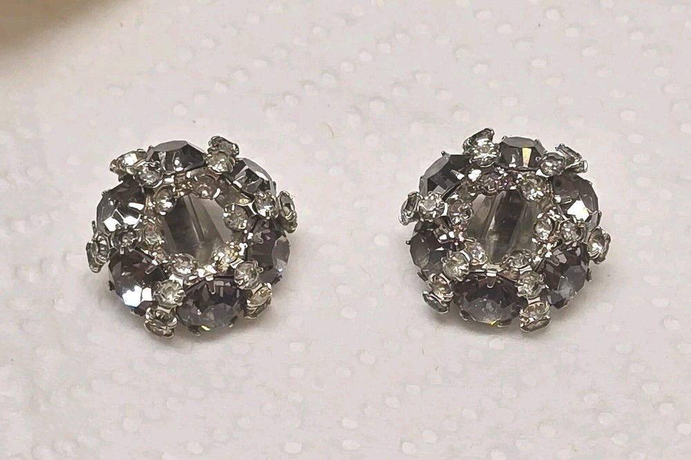 Vintage Warner Clip On Rhinestone Huggie Earrings