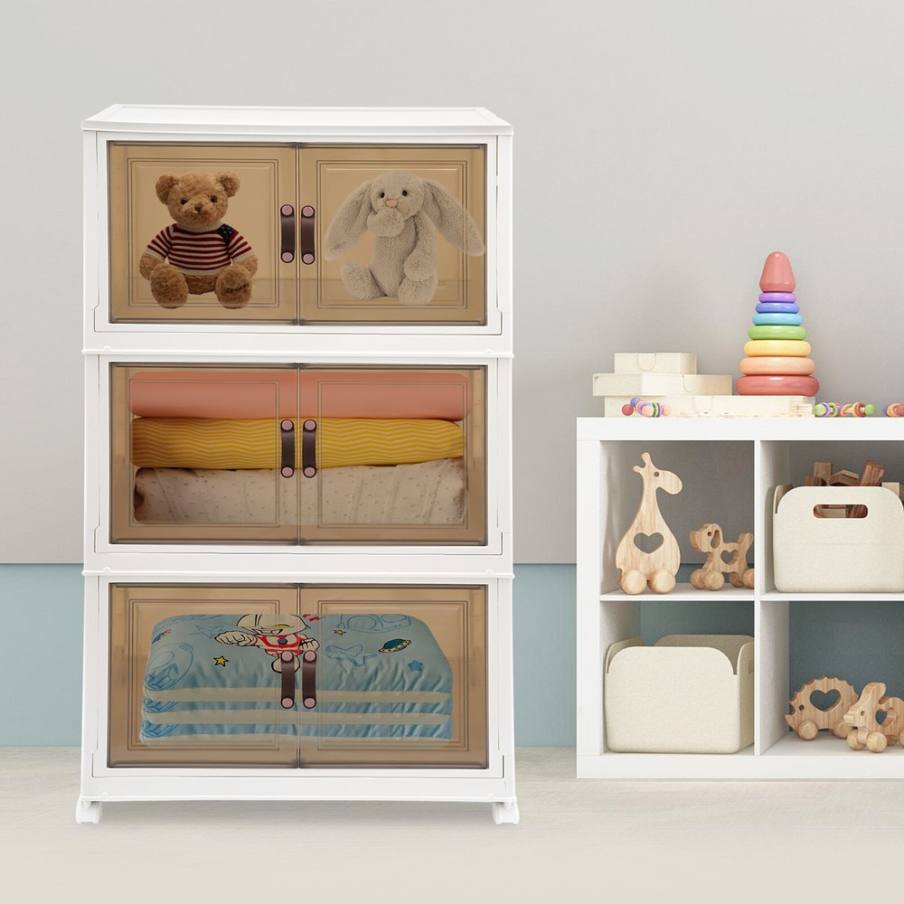 3PCS Foldable Storage Cabinets, Stackable Storage Containers w/ Wheels