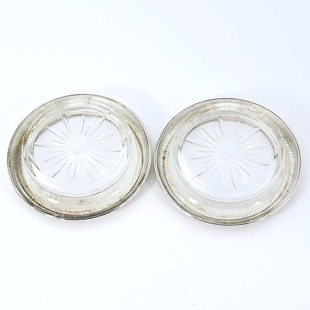 Pair Frank M Whiting Sterling Silver Overlay Crystal Coasters