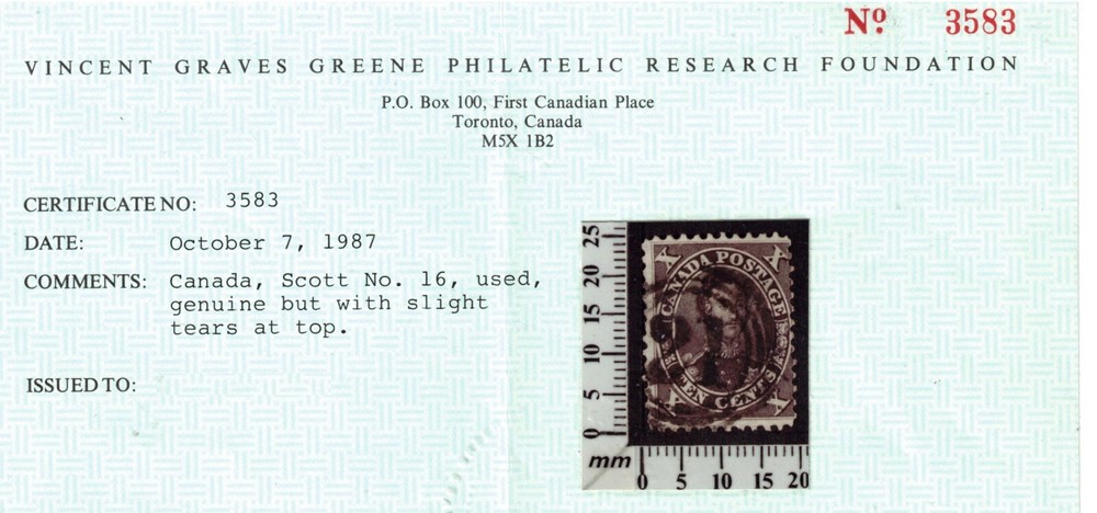 Canada #16 Used Fine With 4 Ring 21 Cancel Tiny Tear **With Certificate**