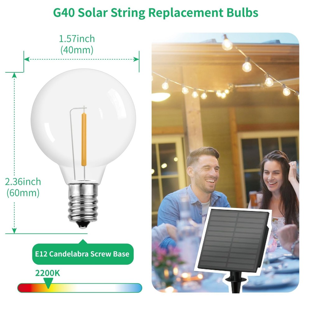DC 3V Low Voltage, Solar Replacement Bulbs for G40 outoodr String Lights, Sha...