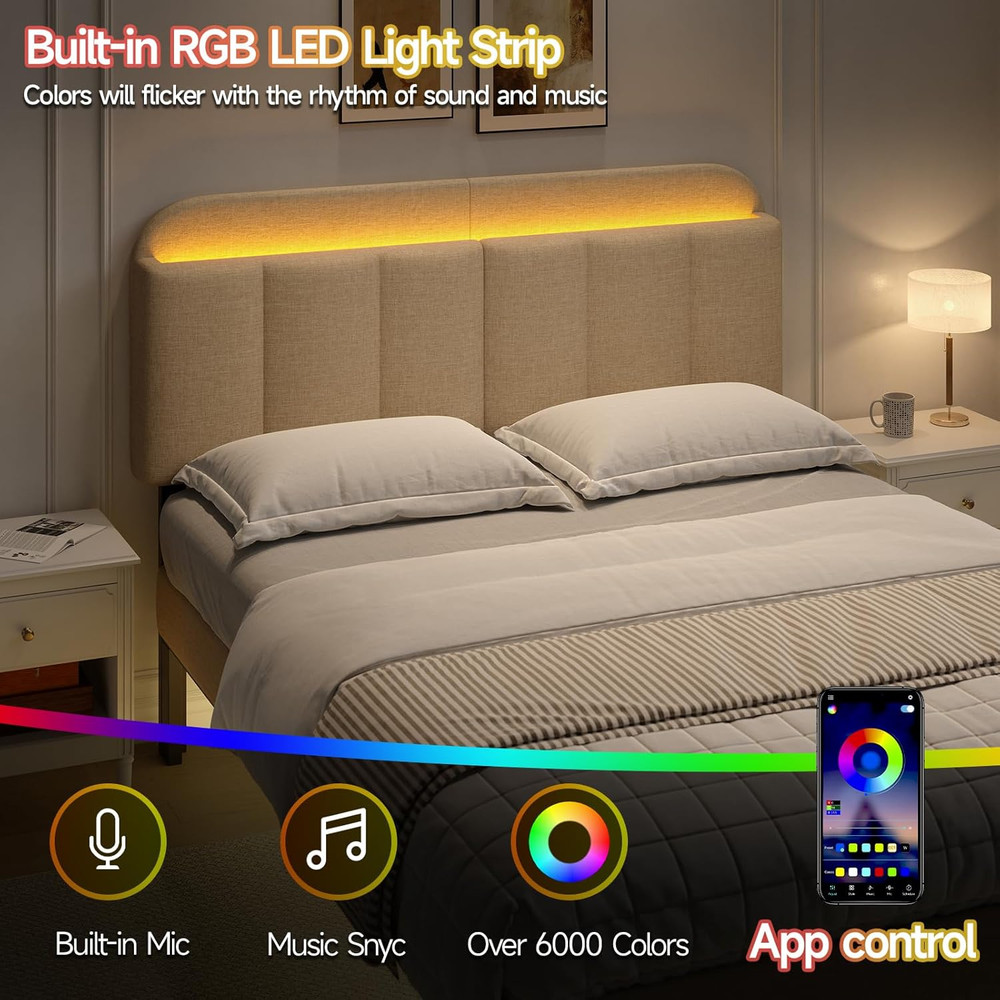 Queen Size Adjustable Headboard, Upholstered Headboard with Storage, APP Control
