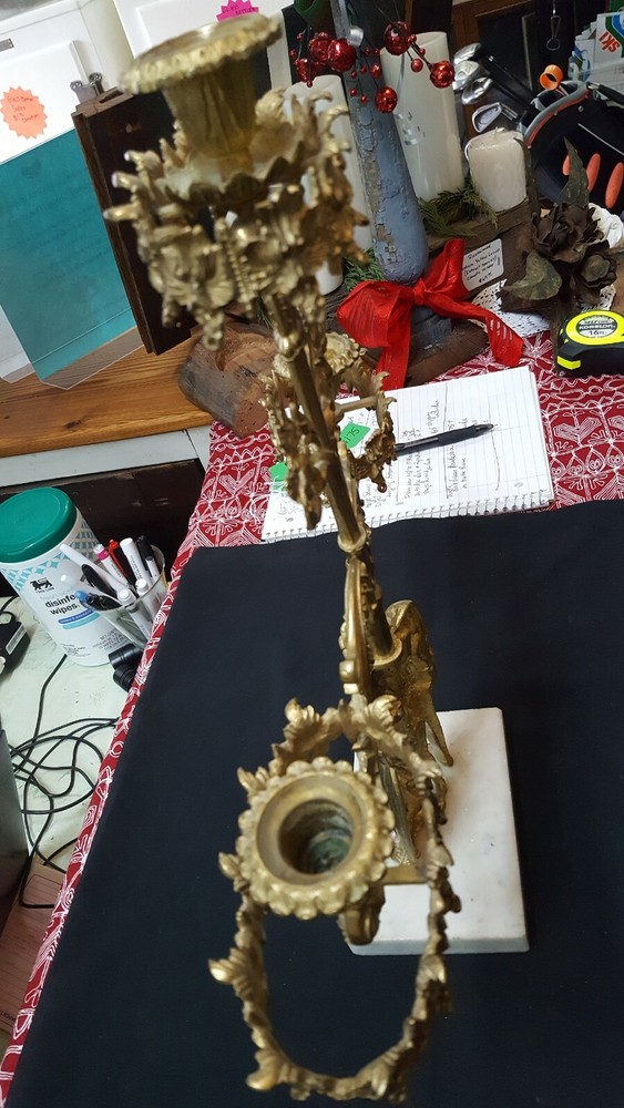 Antique Ornate Solid Brass Candelabra with Renaissance Design on Marble Base