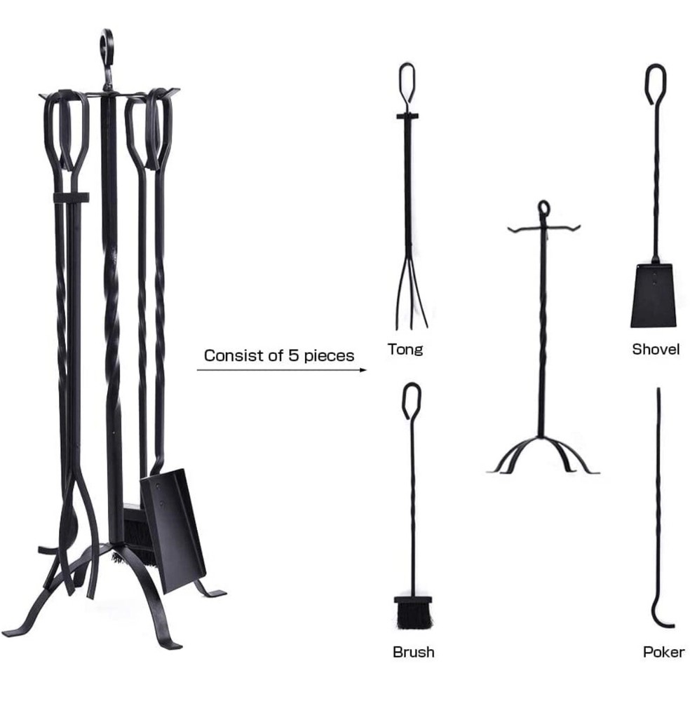 5-Piece Fireplace Tools Set 31’’, Heavy Duty Wrought Iron Fire Place Toolset wit