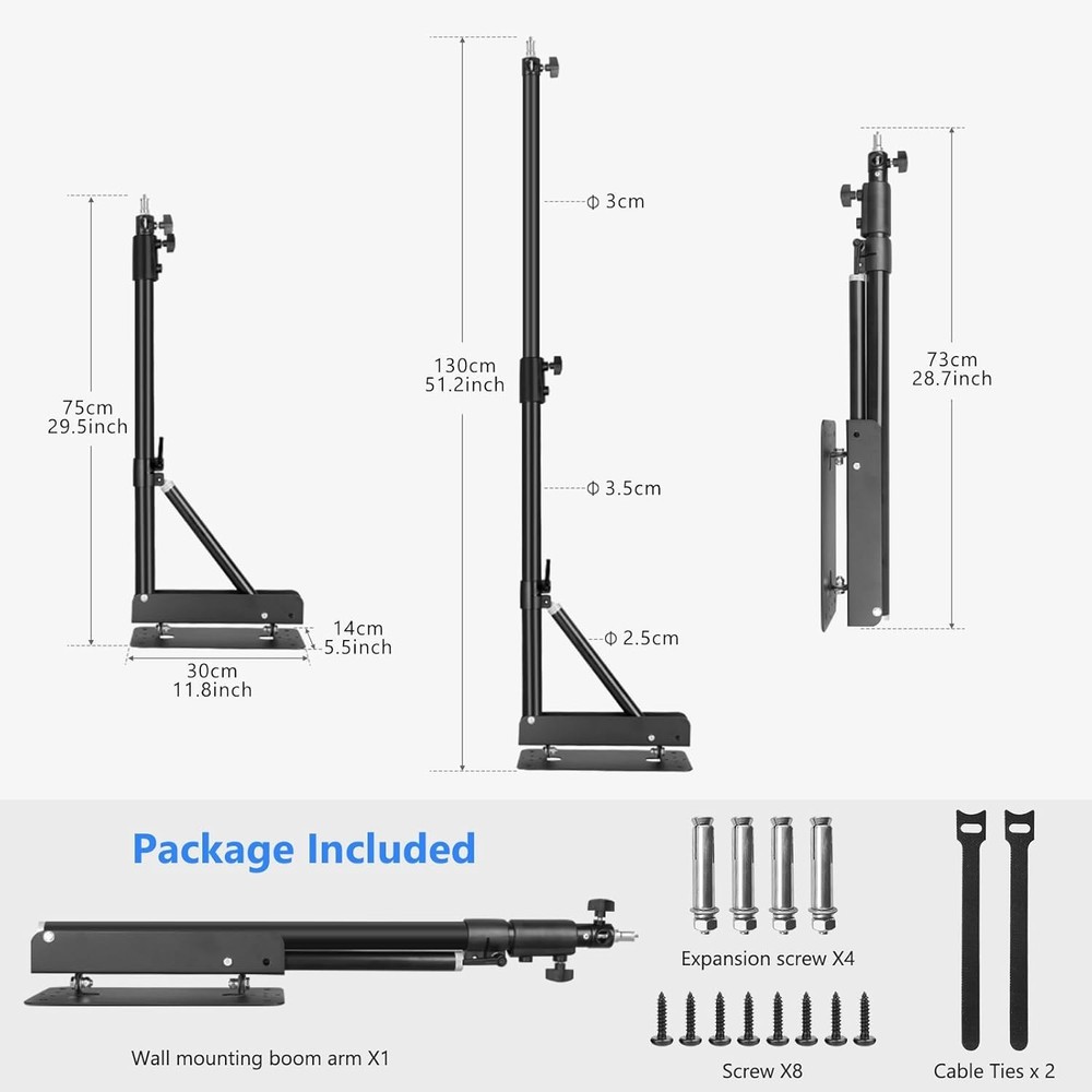 Ring Light Wall Mount with Triangle Base, 51Inch/130Cm Length Adjustable Support