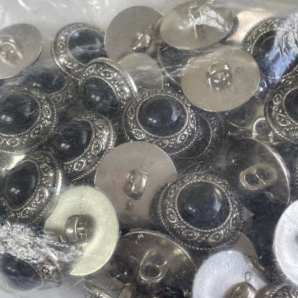 Set 5 Silver Tone Plastic Buttons Black Cabochon Medium 3/4”