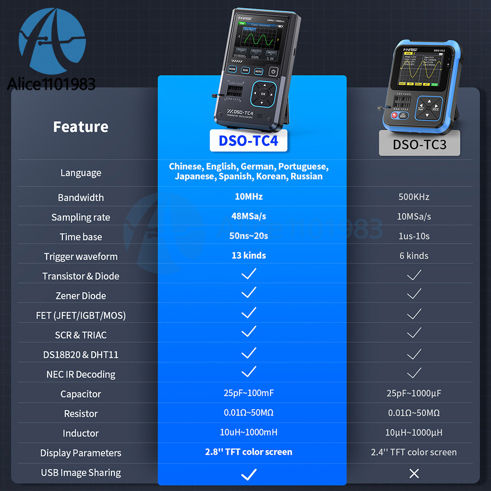DSO-TC4 Oscilloscope 10MHz 48Ms/s Transistor Tester Electronics Component Tester