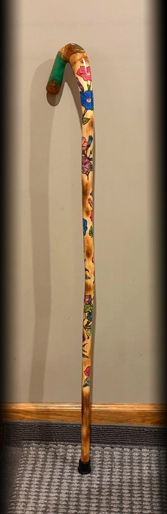 41” Walking CANE With Morning Glory Pyrography Handmade & Finished 🇺🇸
