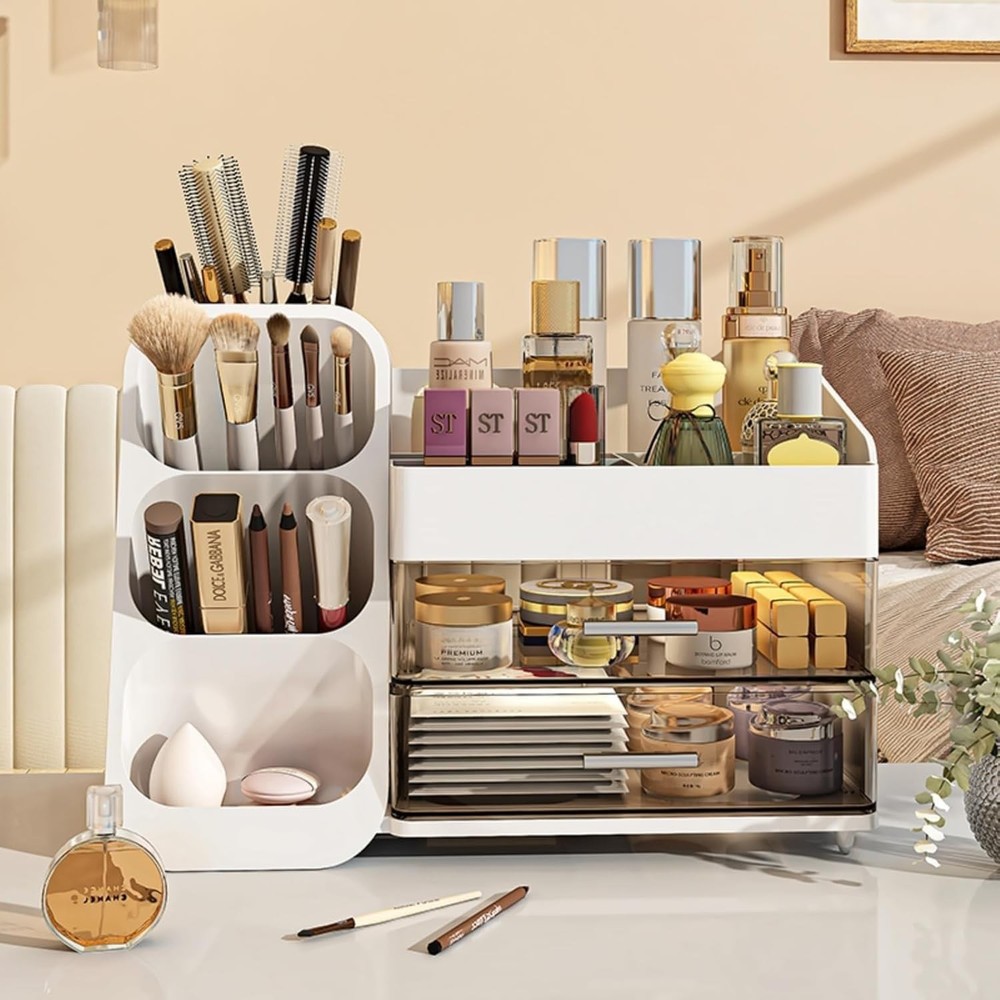 Makeup Organizer with Drawers for Vanity, Spacious Cosmetic Display Case White