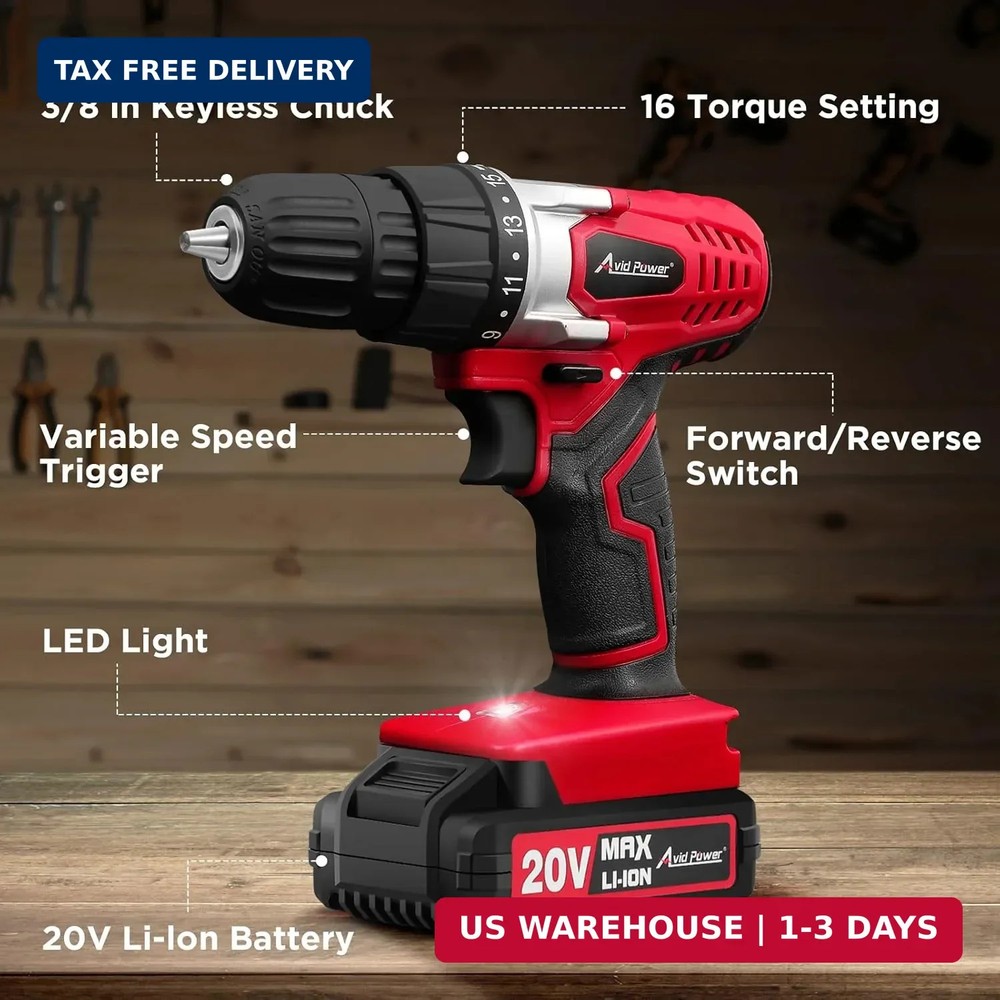 AVID POWER 20V Cordless Drill Set for Home DIY & Beginner Projects - Lightweight
