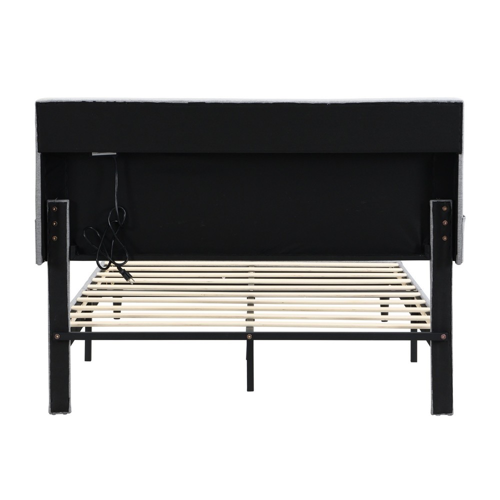 Queen Size Linen Upholstered Platform Bed with Storage Headboard & USB Ports