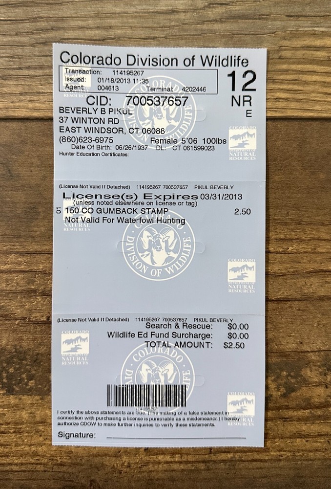 2012 - COLORADOState Duck Stamp Purchase Permit