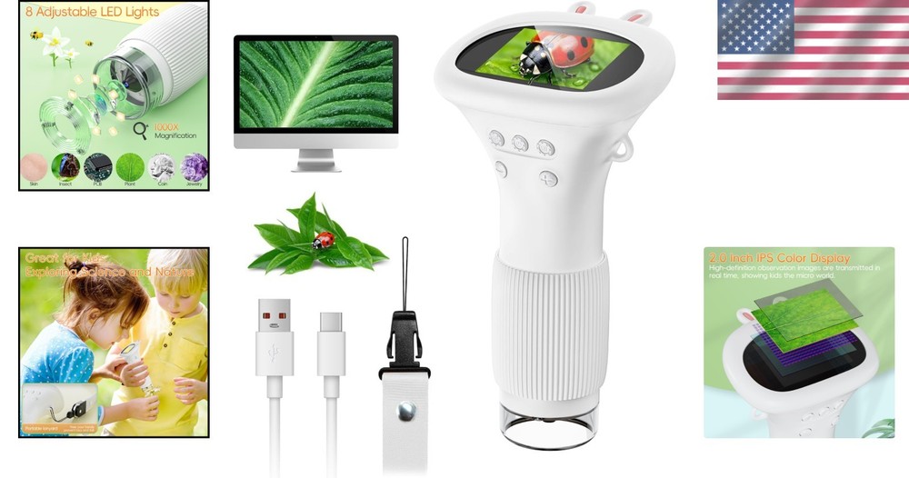 Educational Kids Microscope with 2" Display & 8 LED Lights, 1000X Magnification