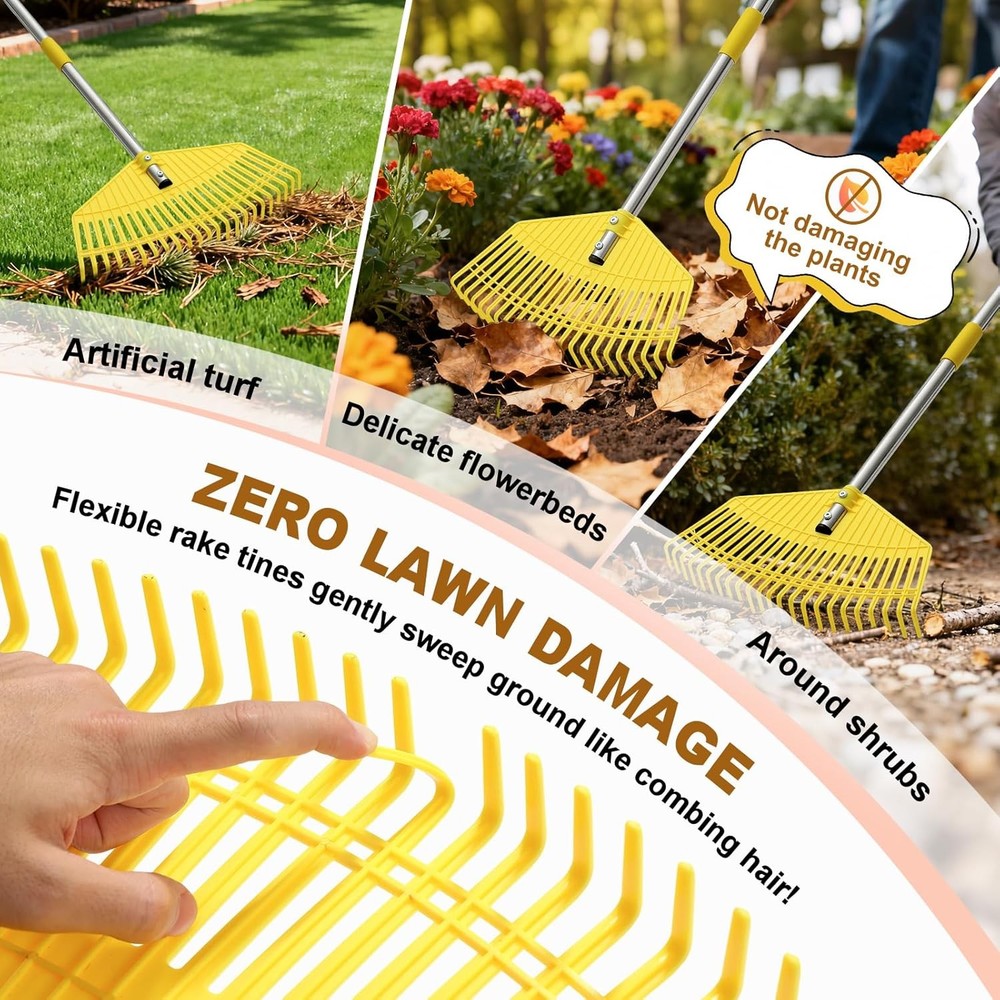 Leaf Rake - 17" Wide Nylon Plastic Head,65" Adjustable Handle,Heavy Duty for Lea
