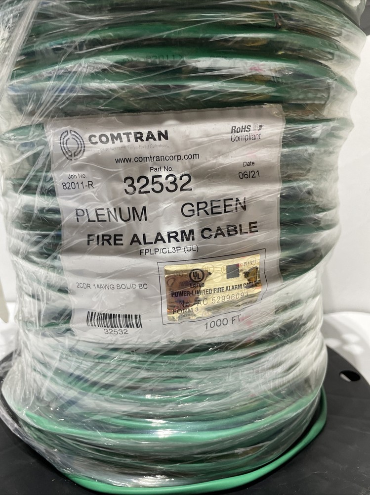 Comtran 32532 14 AWG Solid Bare Copper Green Plenum Fire Alarm 1000 Ft