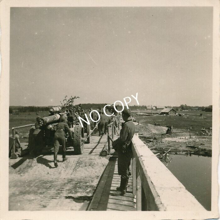 Photo WW II Heavy Gun Being Transported Over Bridge E1.66