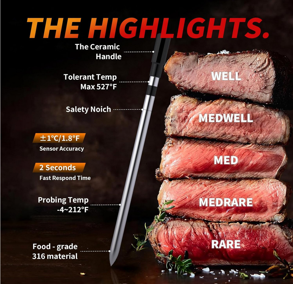 Meat Thermometer Digital Wireless 800FT Long Range Bluetooth Cooking Thermometer