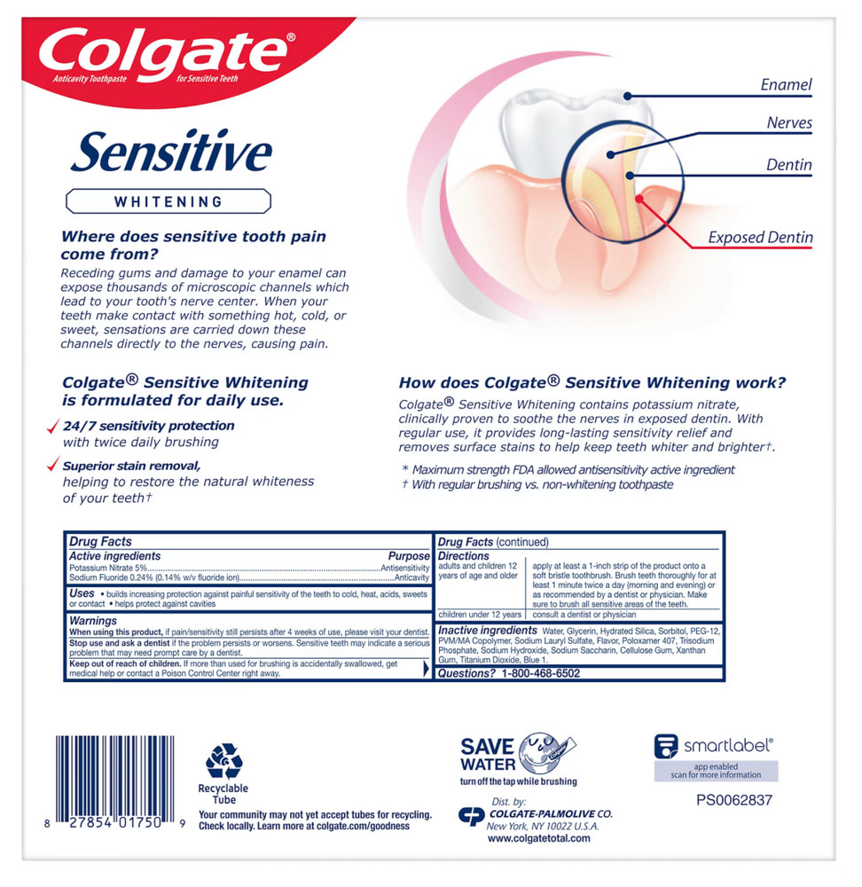 4 Pack Colgate Sensitive Whitening Fresh Mint Toothpaste, 6 fl oz,