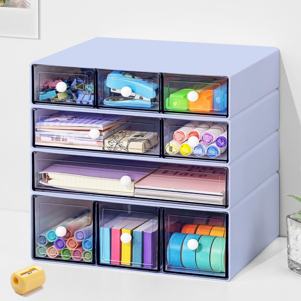 Desk Organizer with 9 Drawers, 4 Tier Plastic Stackable Storage Drawers for D...