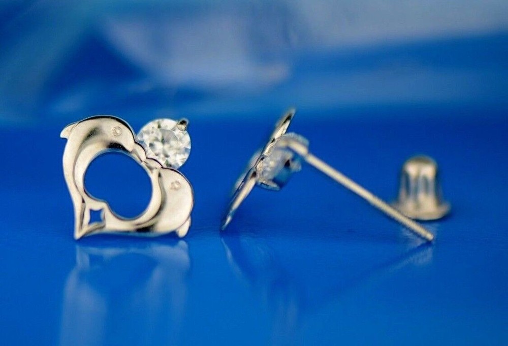 14k Yellow White Gold Double Dolphin Earrings