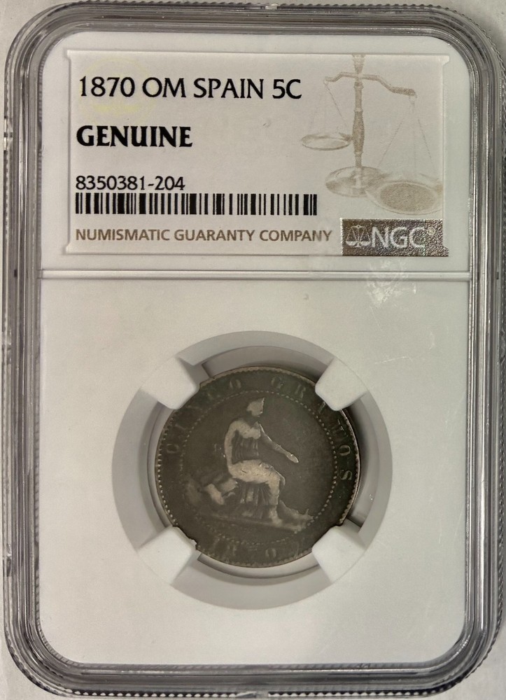 1870-OM Spain 5 Centimos, NGC Genuine, Circulated