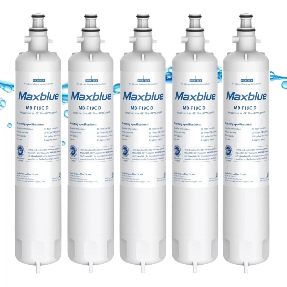 (5Pack) Maxblue Refrigerator Water Filter, Replacement for GE® RPWFE (With Chip)