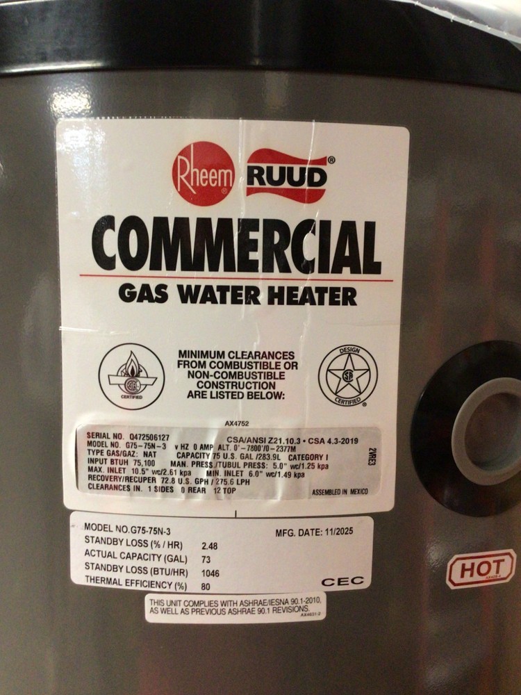 Rheem Rudd Commercial Gas Water Heater Model G75-75N-3 Natural Gas 75K New