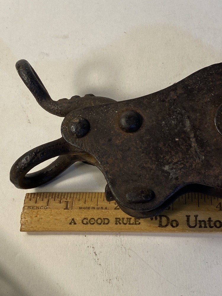 Antique Double Pulley w/ Hook & Line Stop 8”
