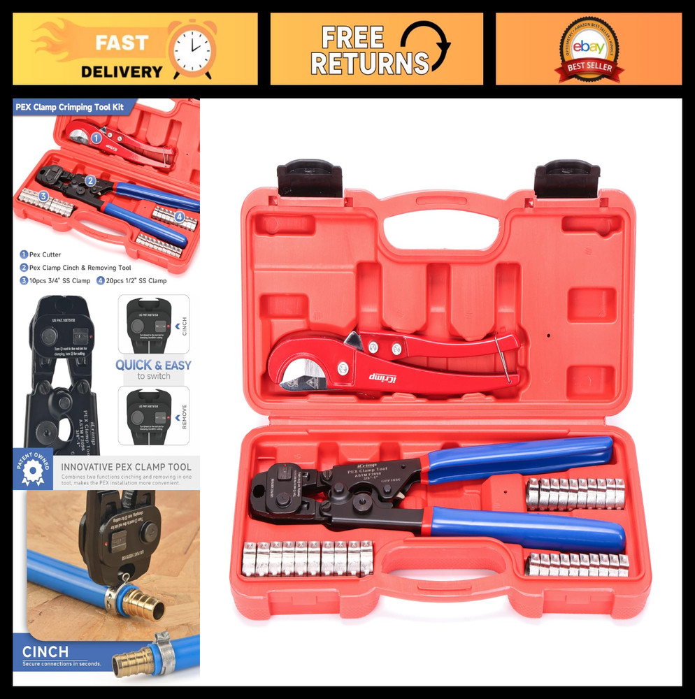 PEX Crimping Tool with Ratchet & Removal Function, 20PCS Clamps & Pipe Cutter