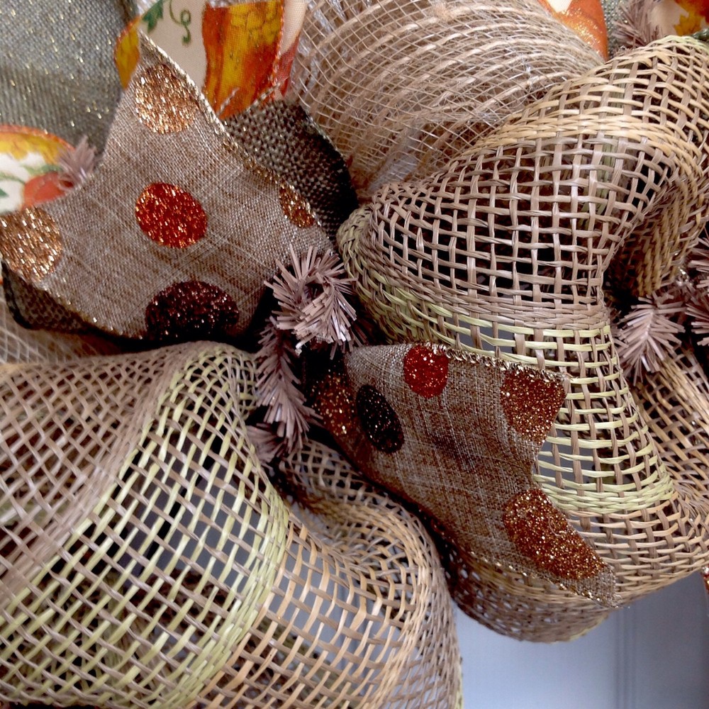 Handmade Quilted Pumpkin Deco Mesh Autumn Wreath