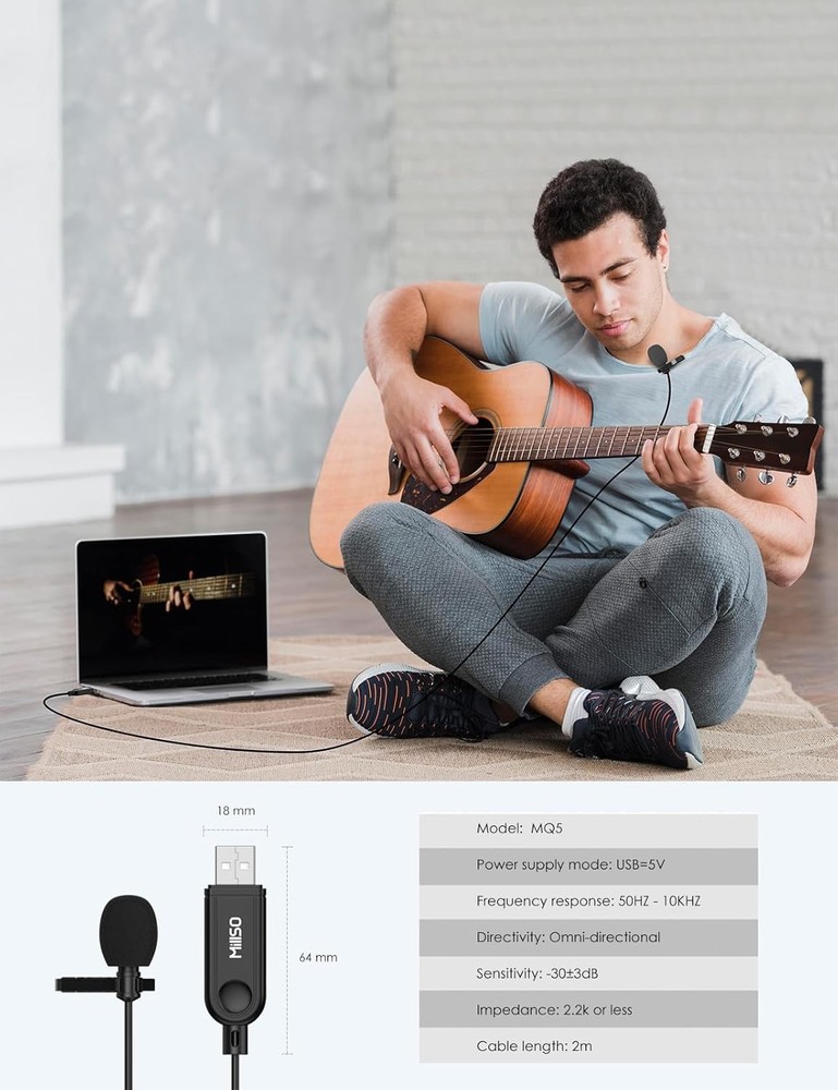 USB Omnidirectional Lavalier Microphone 2M Plug & Play for PC/Mac US