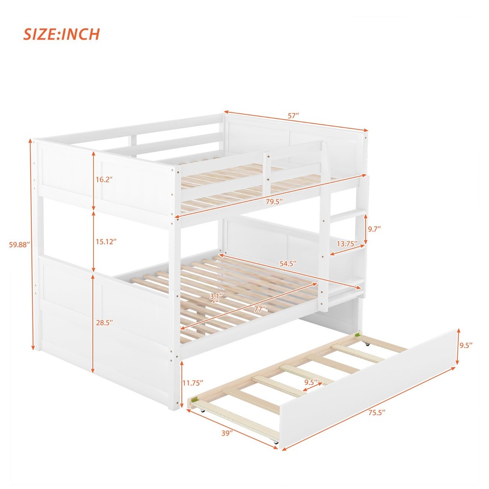 Full Over Full Bunk Bed with Twin Size Trundle White Easy Conversion for Bedroom