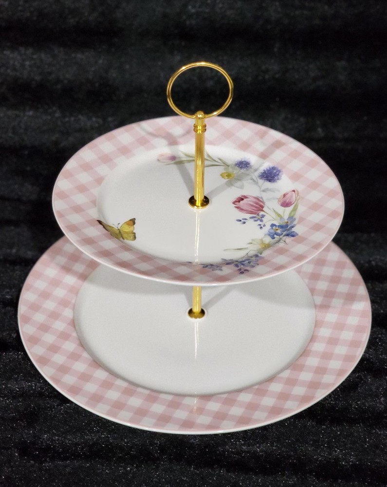 3pc Easter Bunny Pink Gingham 2-Tier Serving Tray Cookie Stand & 2 Salad Plates