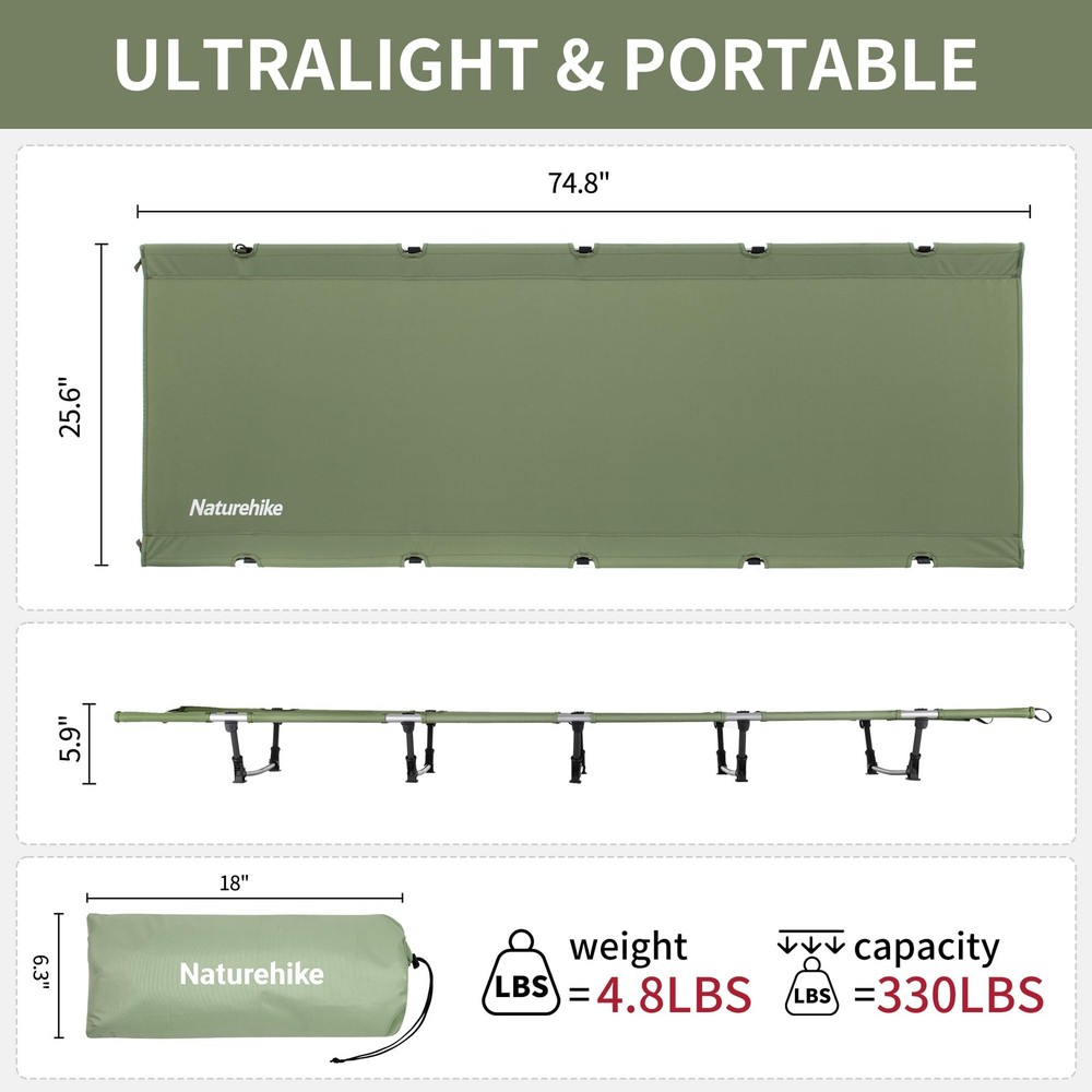 Ultralight Folding Camping Cot Easy Setup, Supports 330lbs, Portable Bed