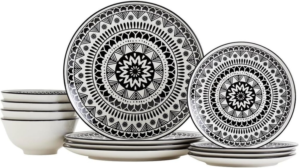 Tabletops Unlimited 12 Pc. Black Pad Print Dinnerware Set,