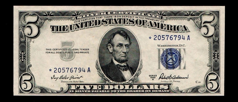 ⭐️$5 1953-A Blue Seal Silver Certificate STAR GEM UNC (B146)