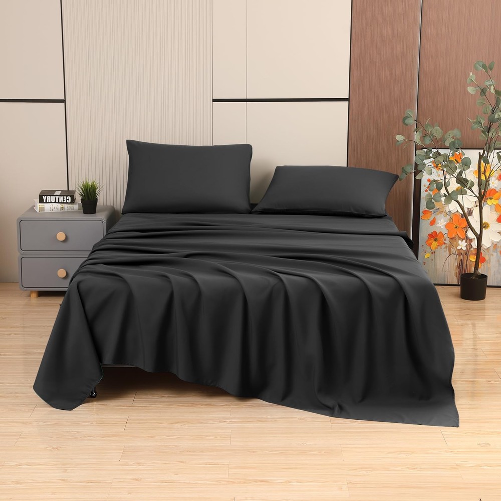 Soft Brushed Microfiber Black Twin Size Fitted Sheet-Comfortable and Durable ...