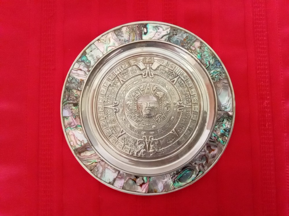 Mexico Sterling Silver Abalone Aztec Plaque 7"