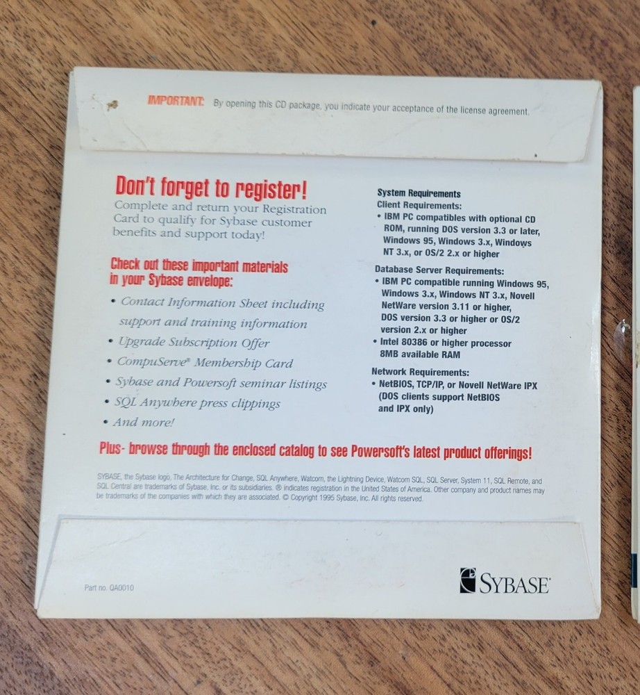 Sybase SQL Anywhere Database Server System XI For Windows 95 v 5.0