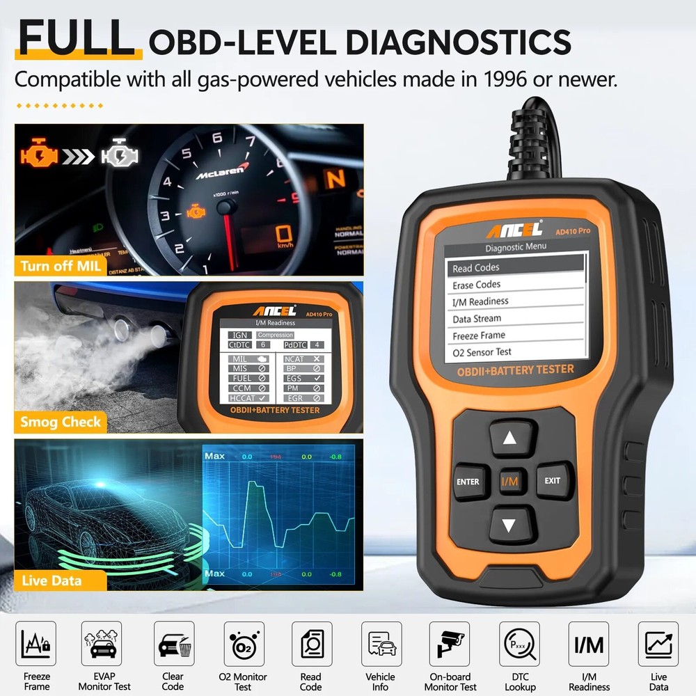 ANCEL AD410 PRO OBD2 Scanner Battery Test Check Engine Light Diagnostic Tool